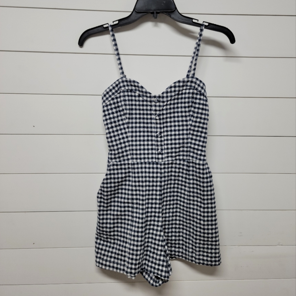 Abercrombie & Fitch Spaghetti Strap Black and White Gingham Romper with Pockets - Picture 1 of 4